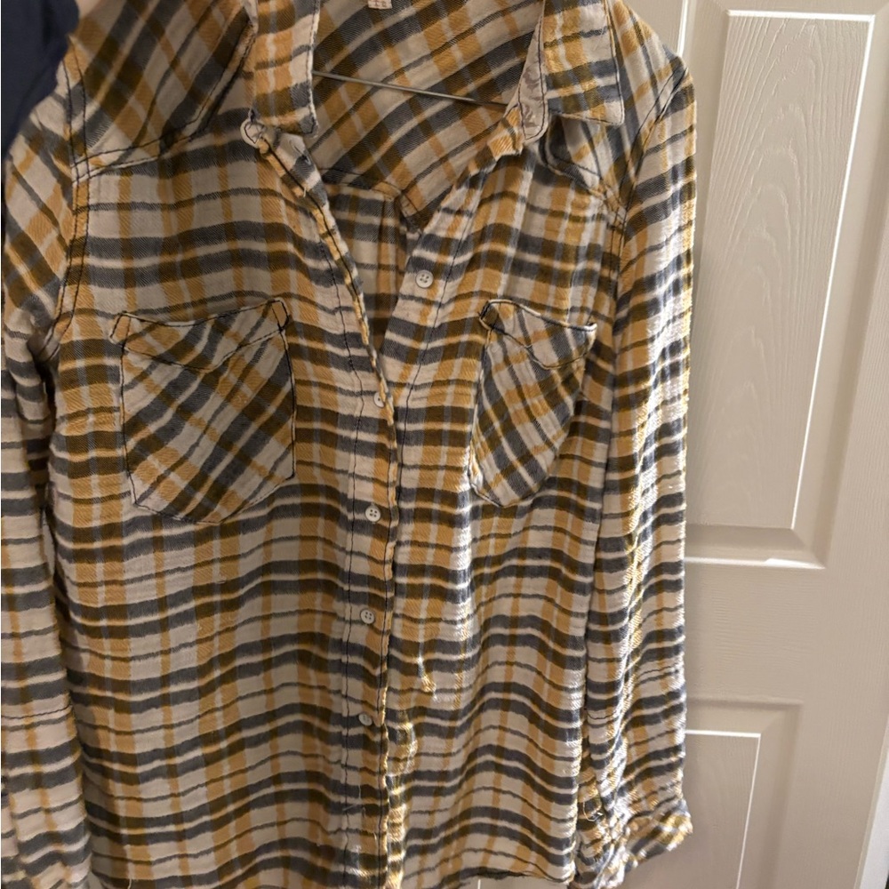 Free People Yellow and Gray Plaid Shirt